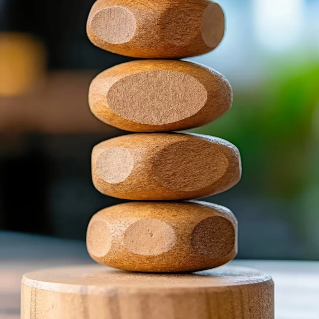 stack-wooden-pegs-sitting-top-wooden-table